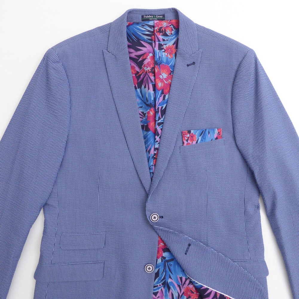 Paisley & Gray Mens Blazer Sport Coat Blue Striped Seersucker Slim Fit 42R